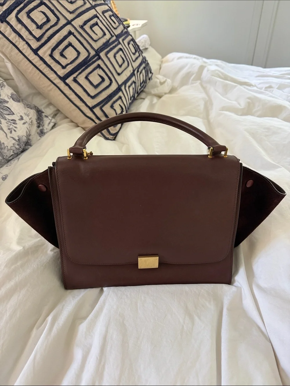 Burgundy Celine Leather and Suede Shoulder Bag with Gold Hardware